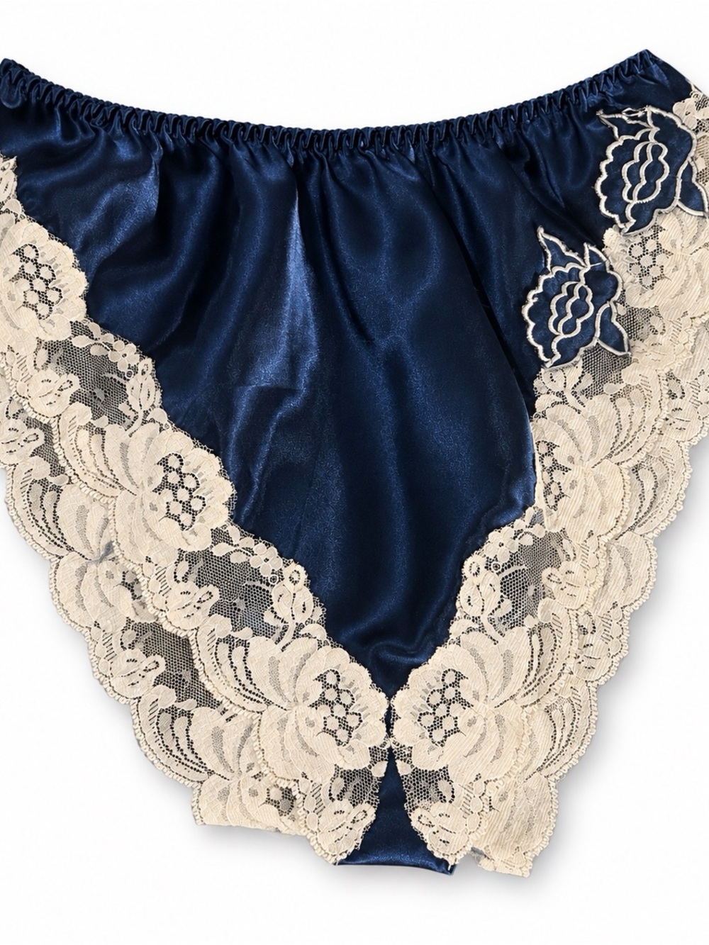 VNTG 80s Gold Label Victoria’s Secret Satin Silky Lace High Cut Blue Panties S